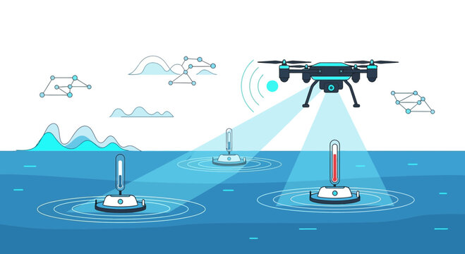 Drone monitoring ocean buoys with sensors for environmental data collection
