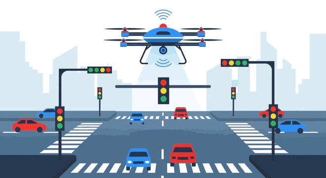 Drone monitoring traffic intersection, smart city technology, autonomous vehicles, urban transport
