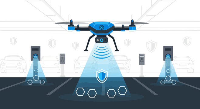 Drone security system in parking lot with surveillance and smart technology