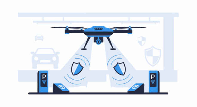 Drone security system monitoring parking lot with cars and payment stations