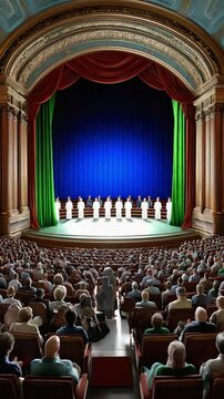Grand Overture: A captivating view of a majestic theatre stage set for a performance, with a diverse audience filling the seats, all awaiting the beginning of the show.