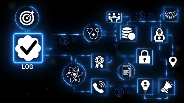 Glowing technology icons network with log database security icon system illustrating data logging tracking monitoring and system record interface.