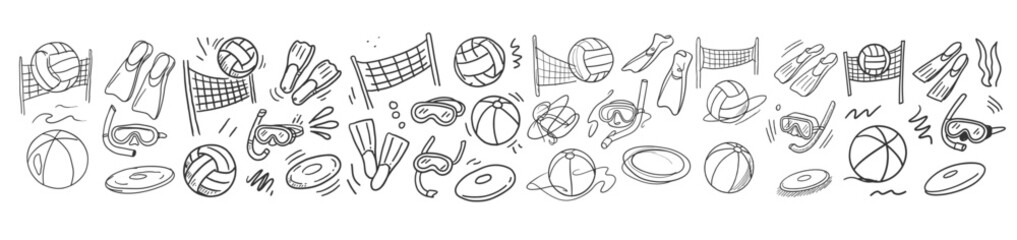 Hand drawn beach sports summer activity vector doodle set with volleyball equipment and snorkeling gear © 99VectorS