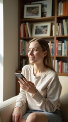 Naklejka premium Thoughtful Woman on Sofa Holding Mobile Phone