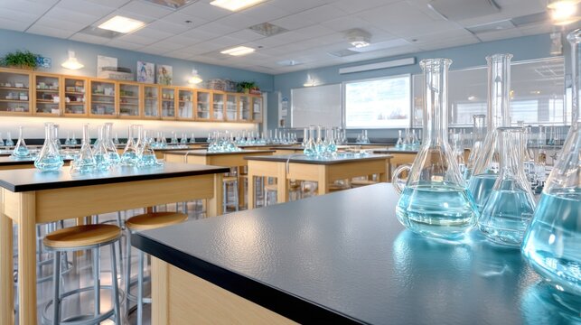 Laboratory setting featuring scientific glassware and work surfaces for educational use