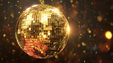 Fototapeta premium Glittering golden disco ball reflecting light against a bokeh background