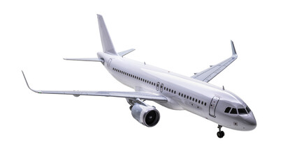 Isolated modern white passenger jet airplane with landing gear down, sleek design © Conor