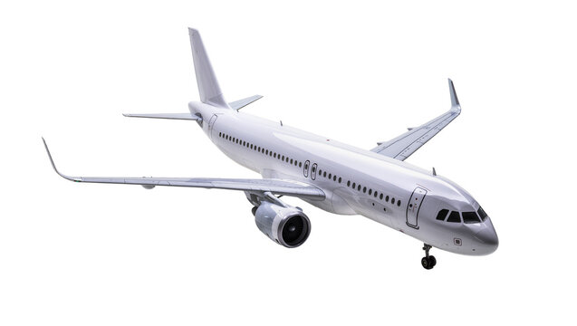 Isolated modern white passenger jet airplane with landing gear down, sleek design