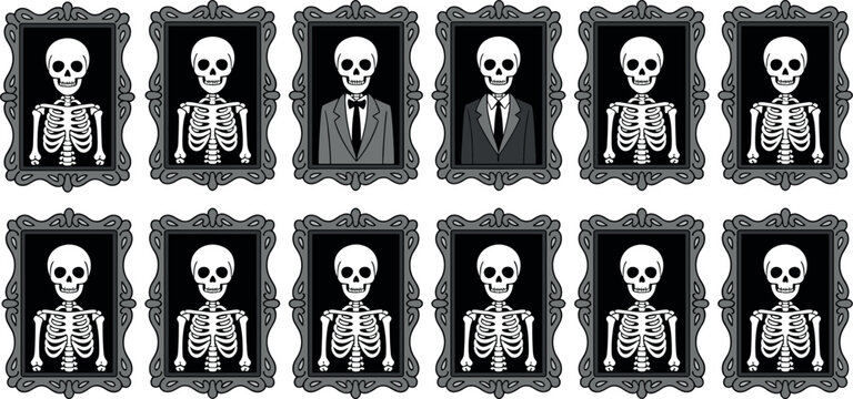 Set of vintage gothic skeleton portraits in ornate frames for Halloween decorations spooky Victorian style hand drawn vector illustrations
