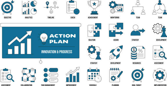 Strategic workflow icon set featuring planning, target achievement, management, and business growth elements in blue flat corporate style

