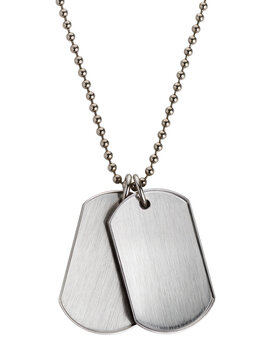 Isolated pair of empty brushed metal military dog tags hanging from a silver ball chain