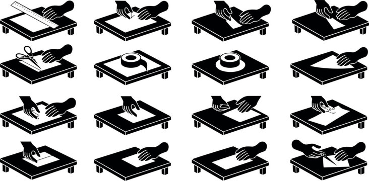 Black and white isometric vector icons showing hands working on desk with paper scissors ruler and tape for diy projects