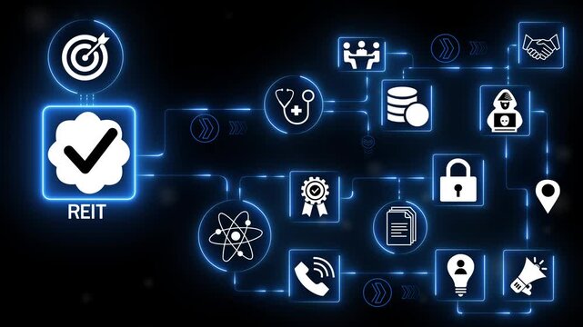 Digital technology icons network with REIT investment building finance icon system illustrating real estate trust management and asset portfolio interface.