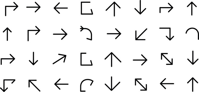 Collection of black line arrow icons including direction pointers curves and straight symbols for navigation interface design and web graphics.
