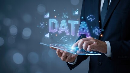 Fototapeta premium Businessman Using Tablet to Analyze Data with Futuristic Visualizations and a Blurred Background