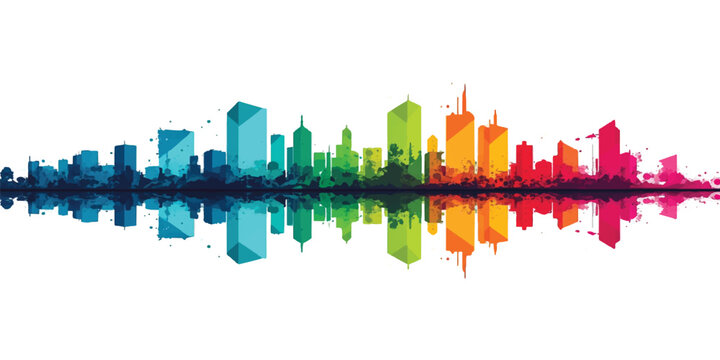 A vector illustration of the Chicago skyline silhouette showing a downtown city cityscape with skyscrapers, buildings, and a reflection