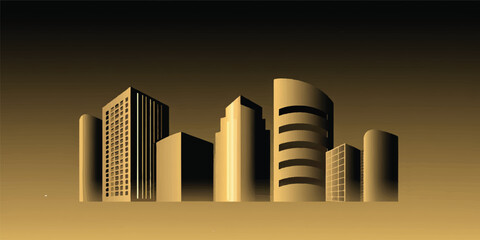 An abstract modern cityscape illustration features a striking skyline of towering skyscrapers and urban buildings set against a vibrant night sky © JAHURA