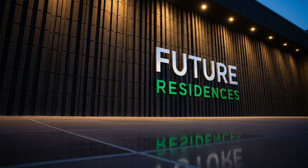 Fototapeta premium Modern real estate signage for Future Residences, luxury apartment building exterior at night, illuminated architectural facade with 3D lettering