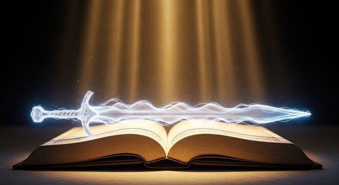 A glowing ethereal sword rests atop an open holy book while divine golden light beams radiate from the pages in a peaceful spiritual scene, brilliance, celestial, sword
