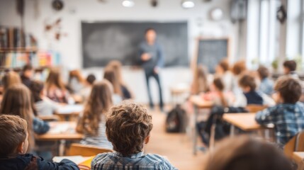Obraz premium Classroom scene with teacher and students blurred focus education concept