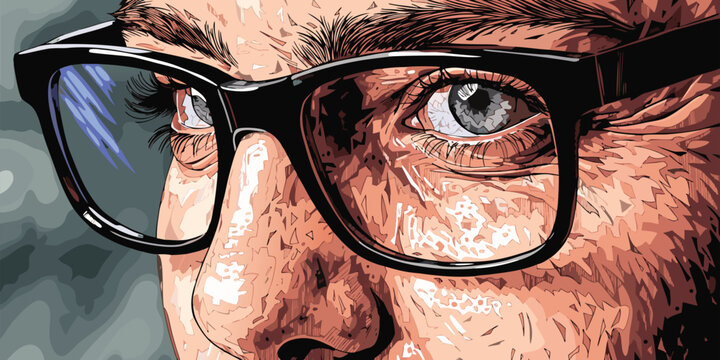 Stylized digital illustration close up portrait of a person wearing thick rimmed black frame glasses