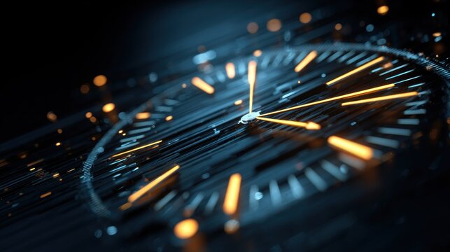 Abstract clock face illustration with glowing elements and digital texture