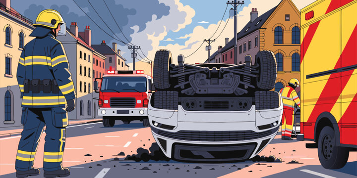 Illustration of firefighters and emergency vehicles responding to an overturned car on a city street