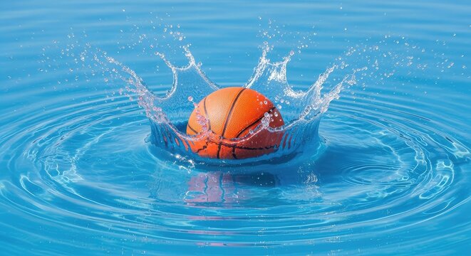 A vibrant orange basketball creates a massive splash in blue water on a sunny day, featuring frozen droplets and liquid ripple effects, wet, surface, light