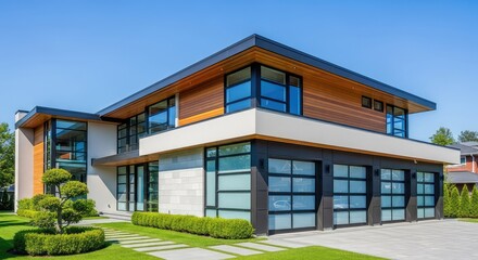 Fototapeta premium A wide corner view of a contemporary residential house featuring a sleek multi-car garage, clean architectural lines, and large windows, garage, construction, exterior