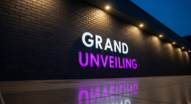 Grand Unveiling illuminated sign on black brick wall, glowing neon 3D lettering for event launch, modern storefront facade at night