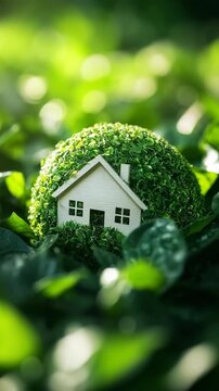A small model house sits on a round patch of green grass. The house is surrounded by many leaves, showing a bright and natural setting. This scene highlights nature and home together