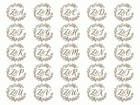 Elegant cursive monogram logos with floral frames arranged neatly on a plain background by alevidhanu