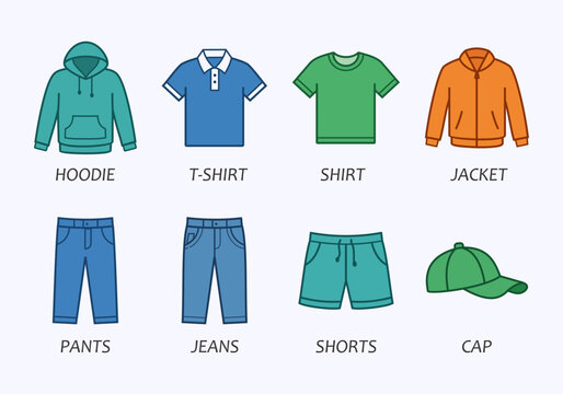 Casual Clothing Collection Vector Set with Hoodie T-Shirt Jacket Jeans Shorts and Cap Icons