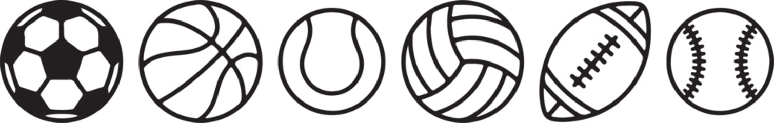 Black line icons of various sports balls © Md. Musaddik Rahman
