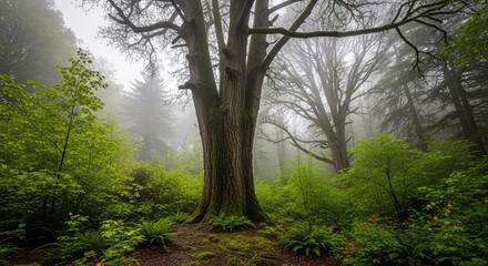 Fototapeta premium Giant ancient trees reach toward a heavy blanket of mist, deep within a lush primeval forest bathed in soft, diffused gray overcast light, mist, growth, calm