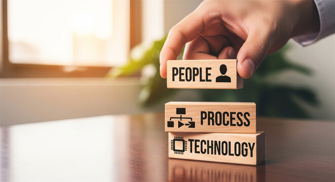 Business management concept with people process technology wooden blocks, hand stacking timber cubes for digital transformation, corporate strategy framework