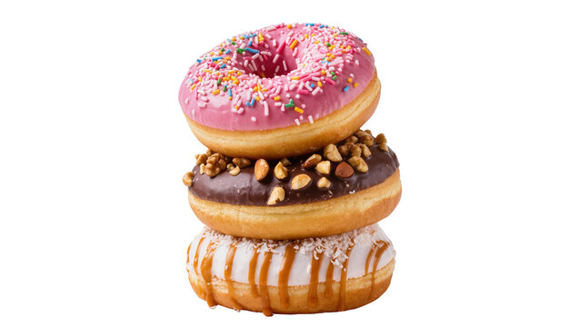 Isolated stack of three delicious glazed donuts with various sweet colorful toppings and nuts