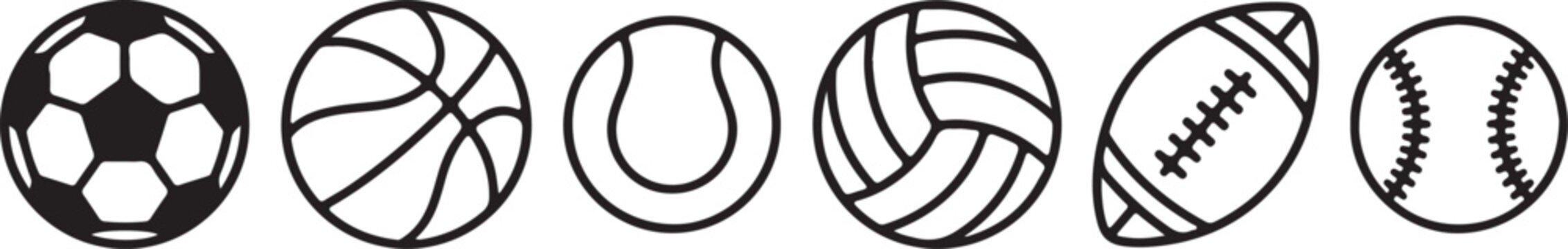 Black line icons of various sports balls
