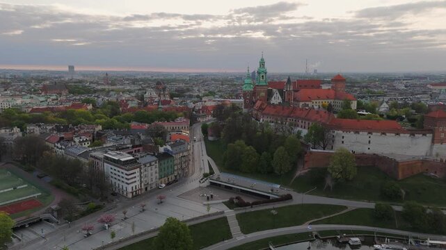Aerial flyover of Wawel Castle in Krakow, Poland