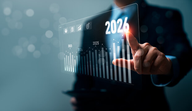 Future business growth analysis 2026 concept with digital financial chart data visualization economic forecast strategy planning and corporate performance improvement trend