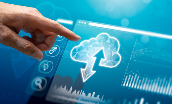 Cloud computing and data transfer concept with hand touching virtual interface showing cloud upload and download arrows, digital dashboard analytics, and online data storage technology