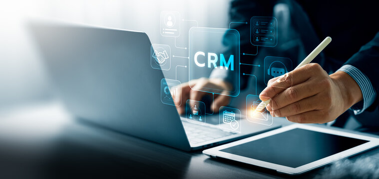 Customer relationship management CRM system interface on laptop with digital customer data communication tools analytics and workflow management for modern business operations