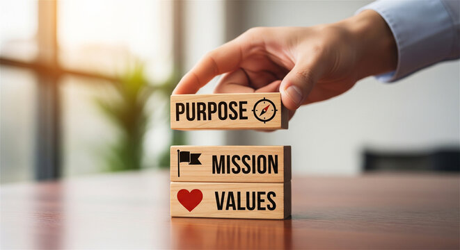 Corporate Purpose, Mission, and Values wooden blocks, business strategy concept with hand stacking timber cubes, company culture and ethics
