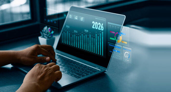Business growth forecast 2026 concept with digital financial dashboard on laptop showing data visualization analytics charts strategy planning and corporate performance trend