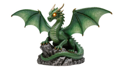 Fototapeta premium Isolated mythical green dragon figurine with glowing eyes perched on a rock fantasy creature