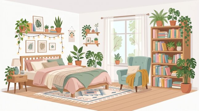 quarto aconchegante com plantas de interior e decora&ccedil;&atilde;o moderna 