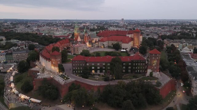 Aerial flyover of Wawel Castle in Krakow, Poland