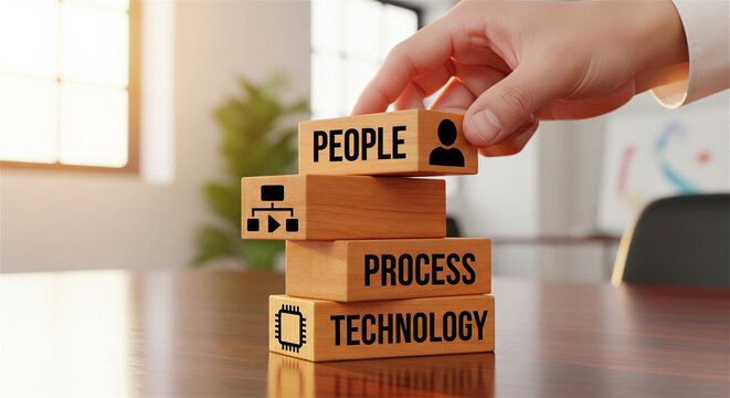 Business PPT framework concept with wooden blocks, people process technology strategy, corporate management and digital transformation model