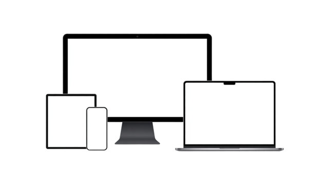 Modern desktop computer setup with monitor, laptop, tablet, and smartphone on a simple desk