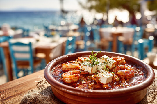 Greek shrimp saganaki with feta cheese in tavern by the sea